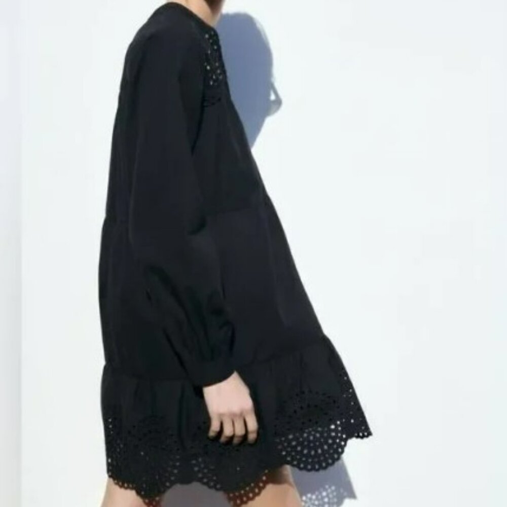 ZARA women Embroidered Mini Black Dress - long sleeve, eyelet lace Large